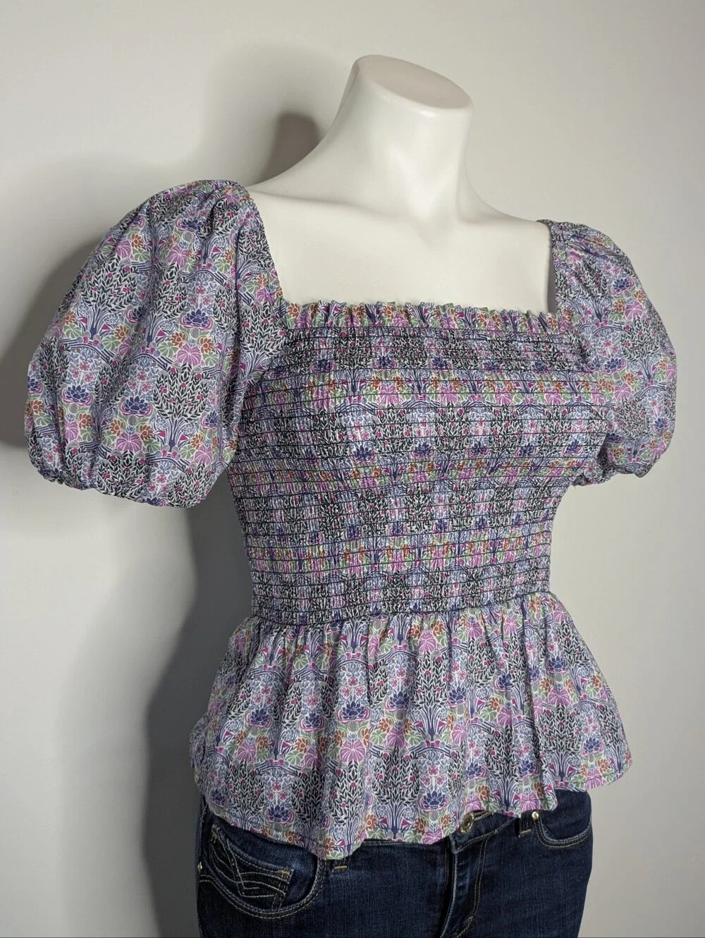 J Crew Liberty London Purple Pink Floral Smocked Peplum Puff Sleeve Blous XS